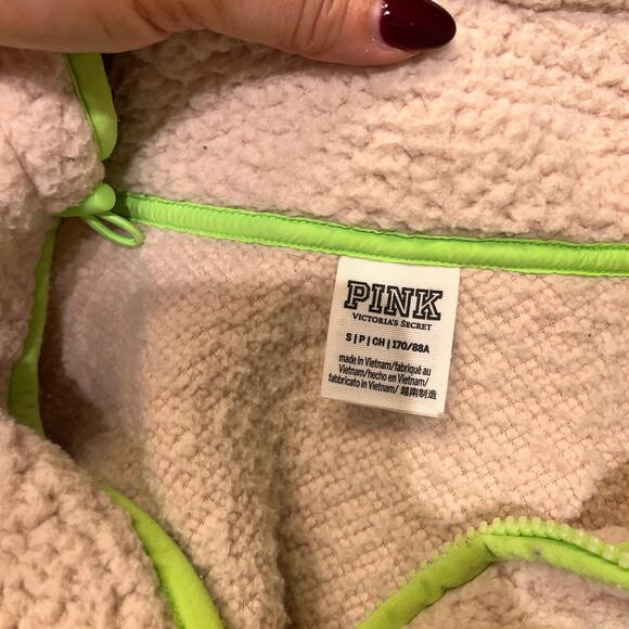 Victoria Secret PINK Cream and Neon Green Trim Sherpa Full Zip Jacket Size Small - Picture 4 of 9